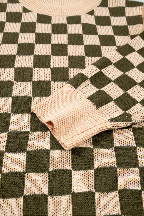 Checkered Drop Shoulder Long Sleeve Knit Sweater