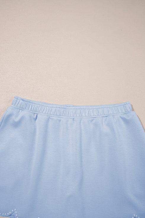 Puff Sleeve Pearl Embellished Scallop Trim Two Piece Dress