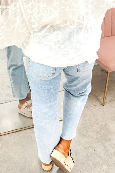 Denim Sequin Rugby Pattern Raw Hem Jeans