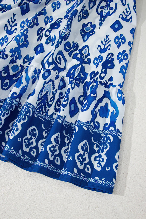 Floral Puff Short Sleeve V Neck High Waist Maxi Dress