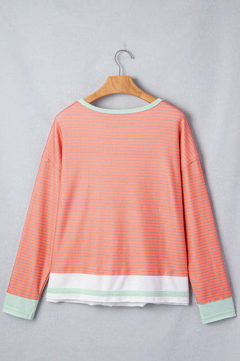 Striped Pattern Raw Seam Long Sleeve Top