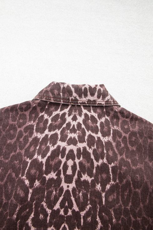 Leopard Print Oversized Patch Pocket Long Sleeve Denim Jacket