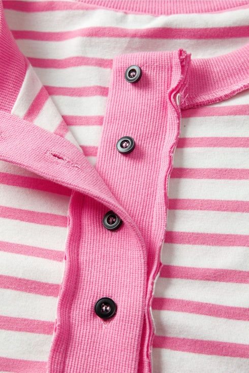 Striped Patchwork Half Placket High Low Short Sleeve Top