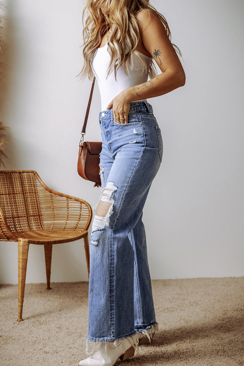 Distressed Cut Out Raw Hem Wide Leg Jeans