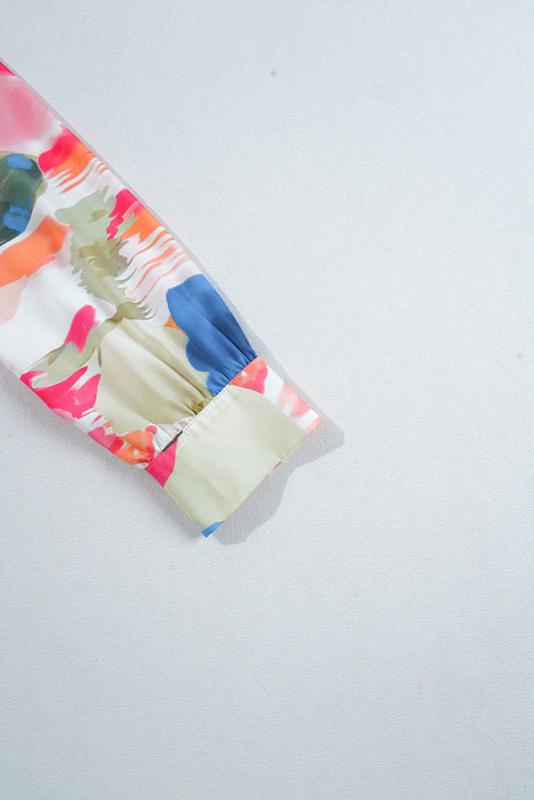 Abstract Floral Print Ruffle Detail Button Down Shirt