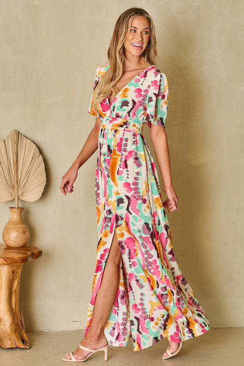 Abstract Print Flutter Sleeve V Neck Maxi Dress