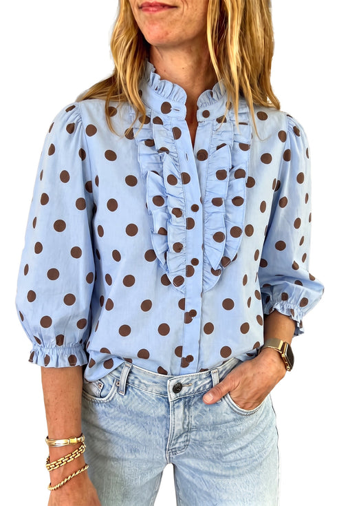 Polka Dot Striped Ruffle Stand Neck Three Quarter Sleeve Shift Shirt