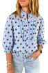 Polka Dot Striped Print Ruffle Stand Neck Three Quarter Sleeve Shift Blouse