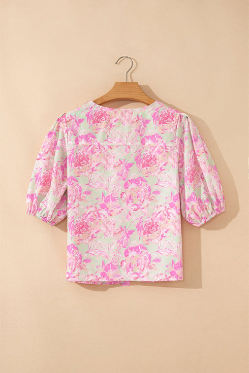 Southern Belle Floral Ribbon Knot Puff Sleeve Blouse