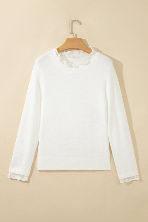 Lace Trim Neck Cuff Patchwork Long Sleeve Pullover Sweater