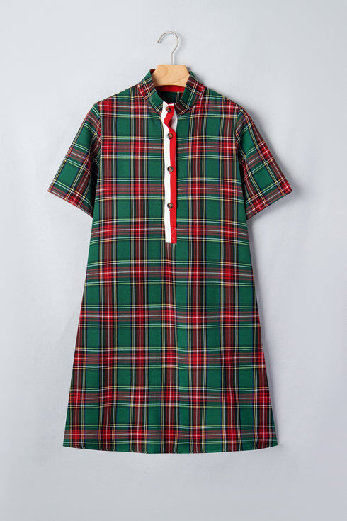 Plaid Button Front Short Sleeve Shift Mini Dress