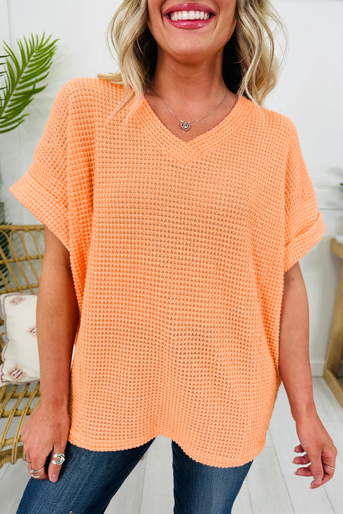 Waffle Knit V Neck Short Sleeve Solid Top