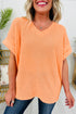 Waffle Knit V Neck Short Sleeve Solid Top