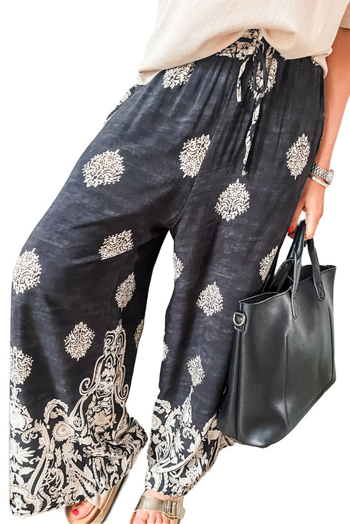 Bohemian Paisley Print Elastic Waist Wide Leg Pants
