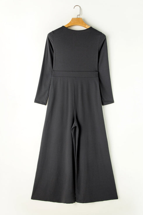 Solid Button Front Long Sleeve Wide Leg Jumpsuit