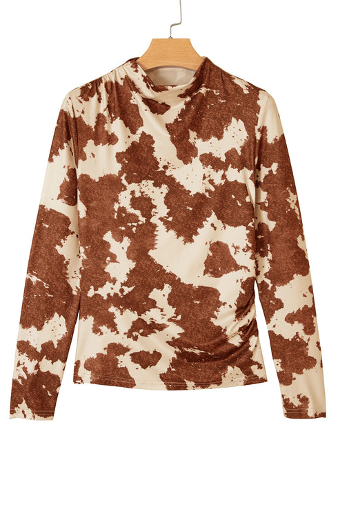 Western Cow Spots Printed High Neck Sheath Long Sleeve Top