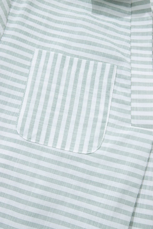 Striped Split Neck Roll Tab Sleeve Pocketed Shirt Dress