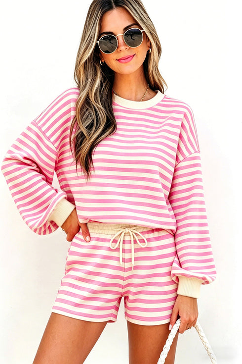 Striped Long Sleeve Crew Neck Drawstring Waist Short Set