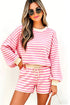 Striped Long Sleeve Crew Neck Drawstring Waist Short Set