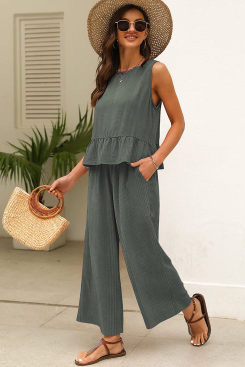 Textured Ribbed Ruffle Tank Top Wide Leg Pant Set