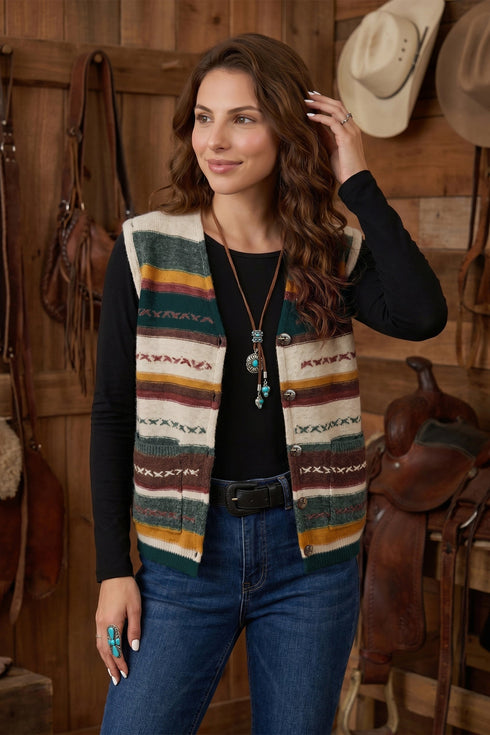 Striped Button Front Sleeveless Knit Regular Fit Sweater Vest