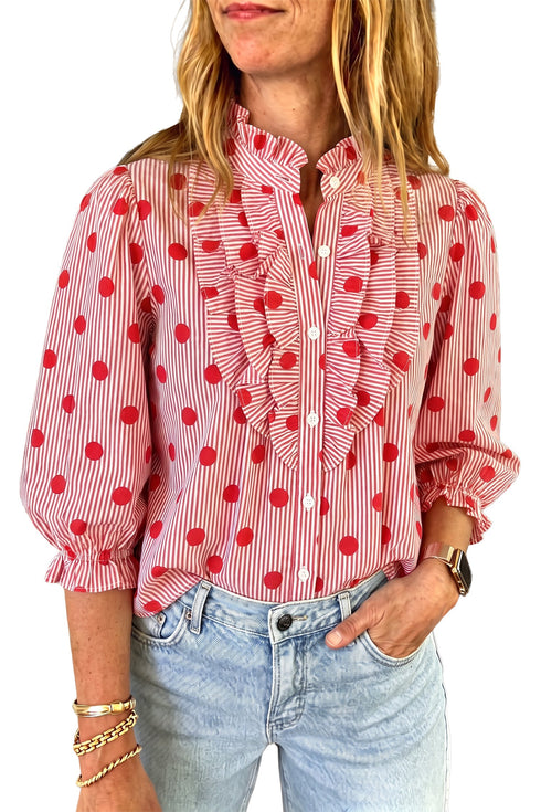 Polka Dot Striped Ruffle Stand Neck Three Quarter Sleeve Shift Shirt