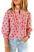 Polka Dot Striped Print Ruffle Stand Neck Three Quarter Sleeve Shift Blouse