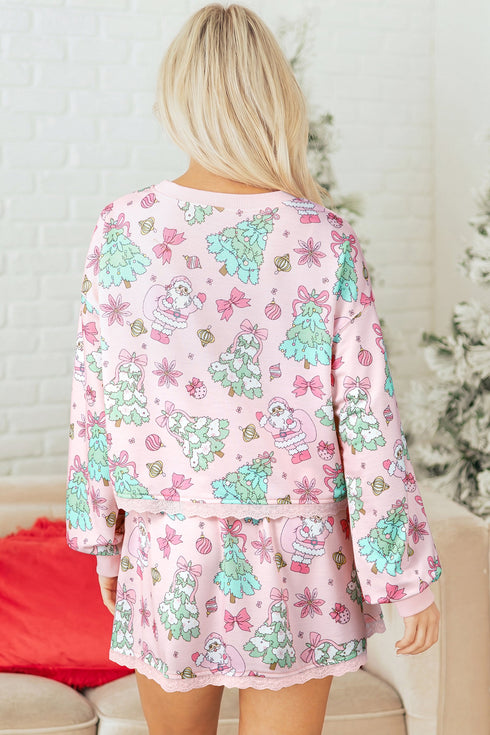 Floral Lace Trim Long Sleeve Coordinated Two Piece Skirt Set