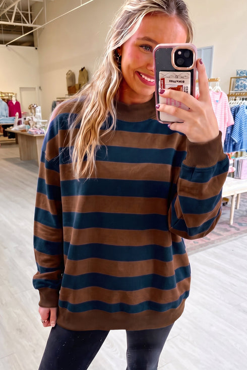 Stripe Print Mock Neck Relaxed Silhouette Sweatshirt