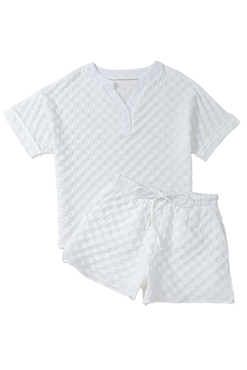Exclusive Textured Split Neck Drawstring Matching Short Set