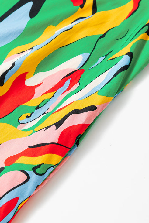 Abstract Print Ruffled Mock Neck Shift Dress