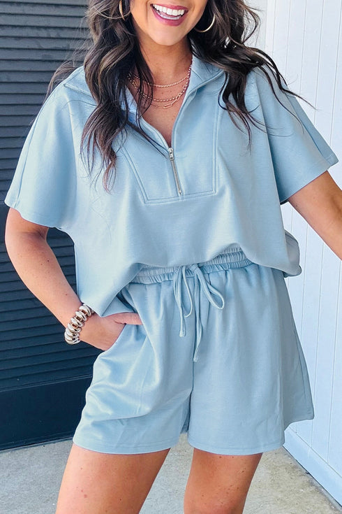 Active Half Zip Loose Short Sleeve Sweatshirt Short Sets