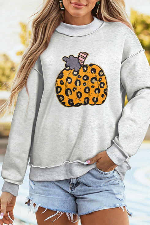Leopard Print Pumpkin Graphic Mock Neck Sweatshirt