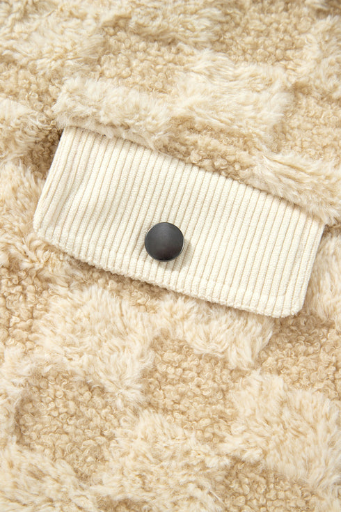 Checkered Corduroy Trim Metal Button Sherpa Jacket