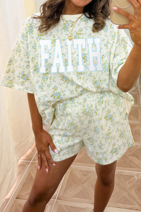Floral Print Faith Graphic Short Sleeve Top Loose Set