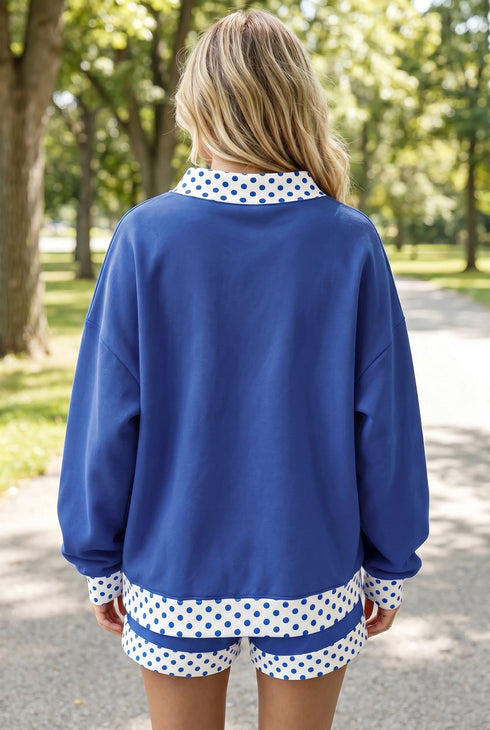 Polka Dot Panel Trim Baggy Mock Neck Pullover Short Set
