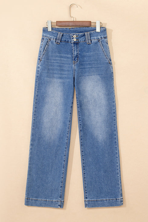 Double Button Zip Fly Wide Straight Leg Jeans