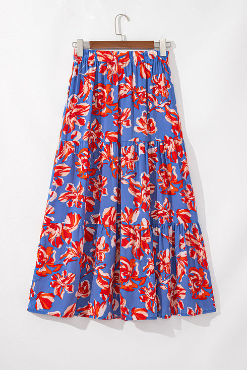 Bohemian Floral Print Tiered Split Maxi Skirt