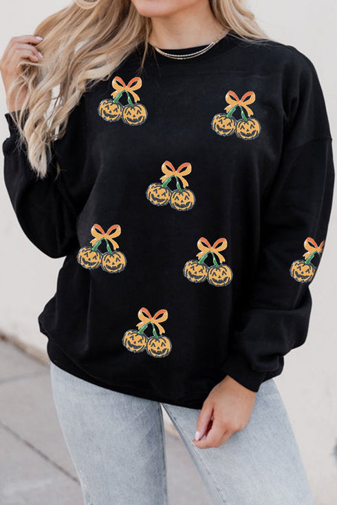 Polyester Sequin Pumpkin Graphic Relaxed Pullover Sweatshirt