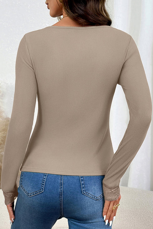Polyester Ribbed Lace Neck Long Sleeve Top