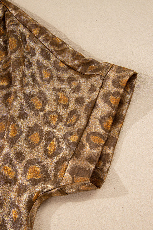 Metallic Leopard Print Dolman Sleeve Button Down Shirt