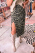 Leopard Print Side Split Frayed Denim Midi Skirt