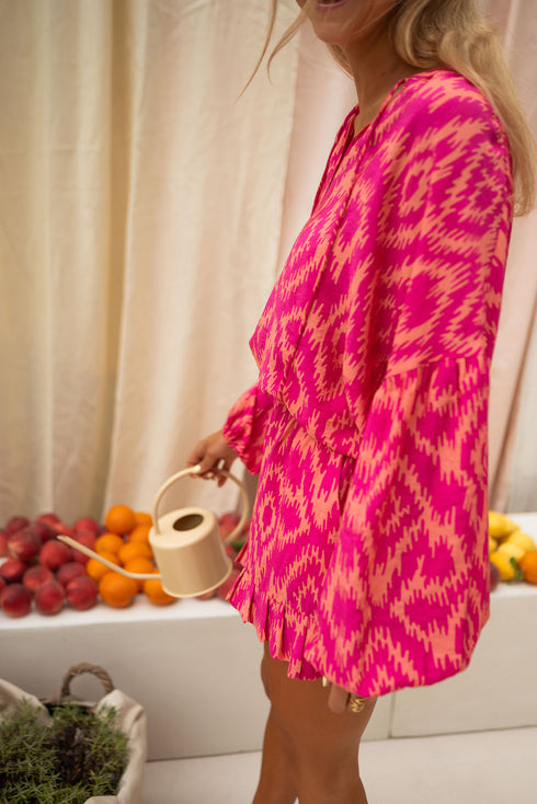 Bohemian Aztec Geometric Print Puff Sleeve Ruffled Sleepwear Set