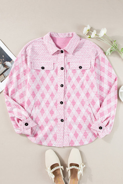 Geometric Checkered Print Textured Flap Pocket Jacket