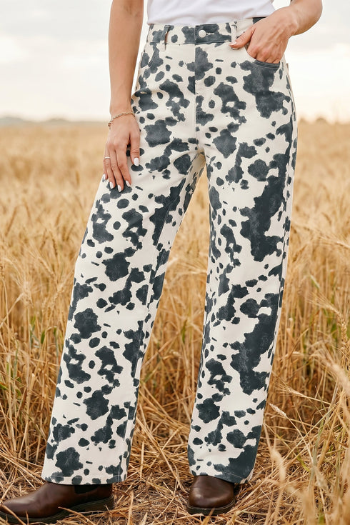 Abstract Print Metal Button Regular Fit Full Length Jeans