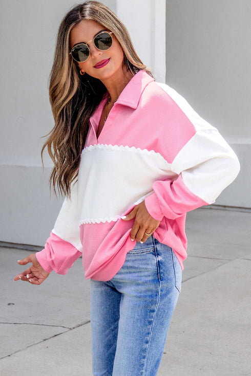 Ricrac Trim Patchwork Collar V Neck Long Sleeve Top