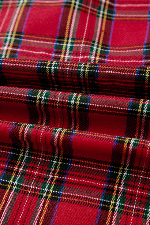 Plaid V Neck Ruffle Trim Short Sleeve Blouse
