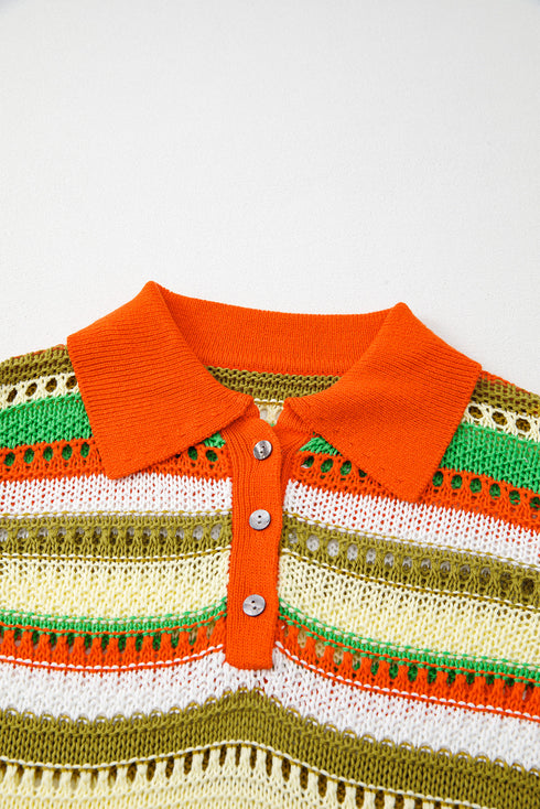 Striped Crochet Knit Collared Sleeveless Shift Dress