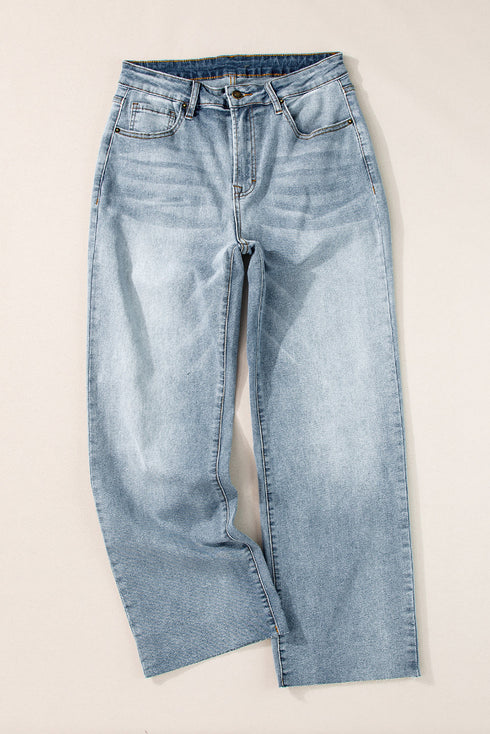 Exclusive Distressed Raw Edge Straight Denim Jeans