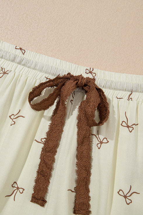 Bow Print Lace Trim Elastic Waist Drawstring Shorts